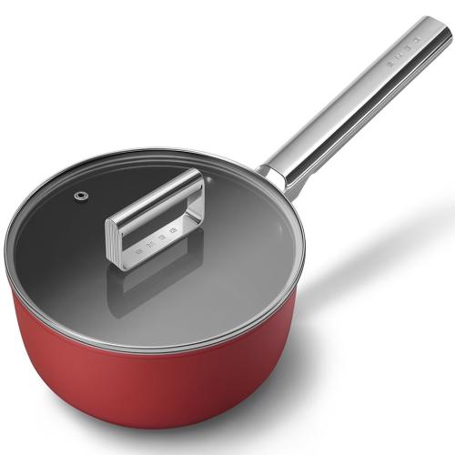 Smeg CKFS2011RDM Nonstick Saucepan with Single Handle and Glass Lid, 20cm, Red