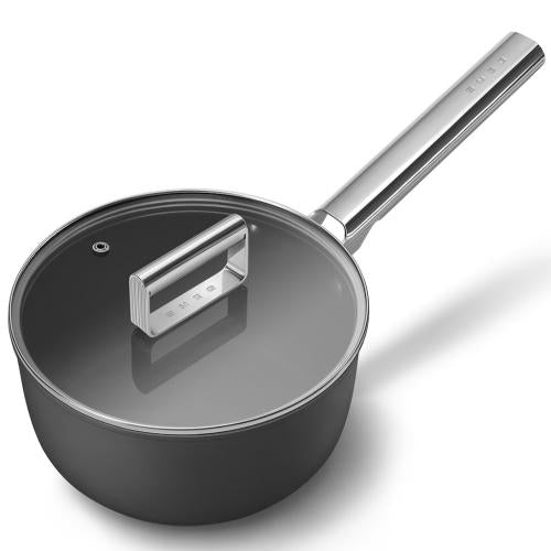 Smeg CKFS2011BLM Nonstick Saucepan with Single Handle and Glass Lid, 20cm, Matte Black